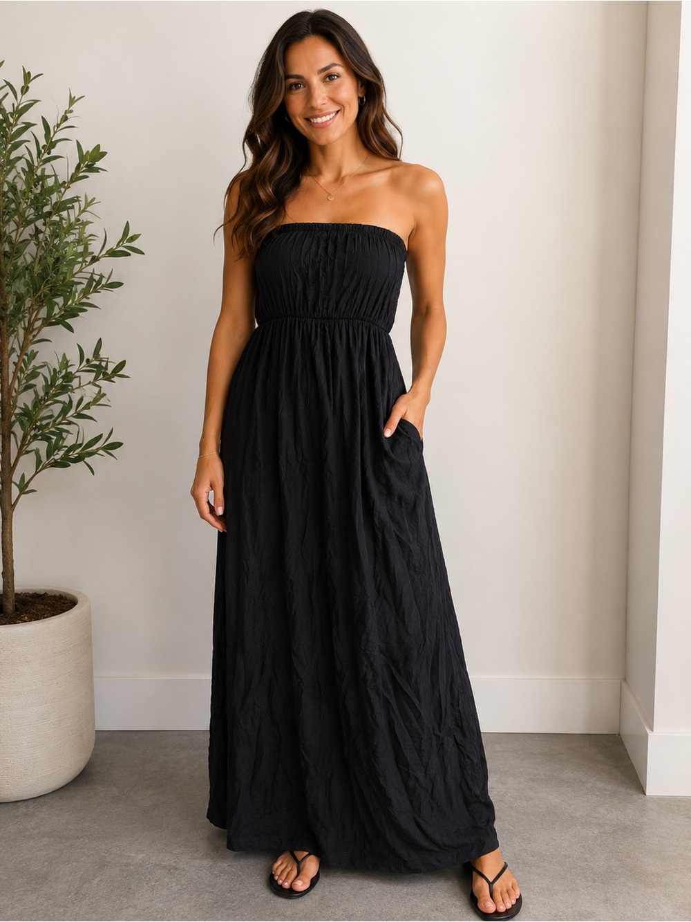 iris Black Strapless Maxi Dress with Smocked Bodice